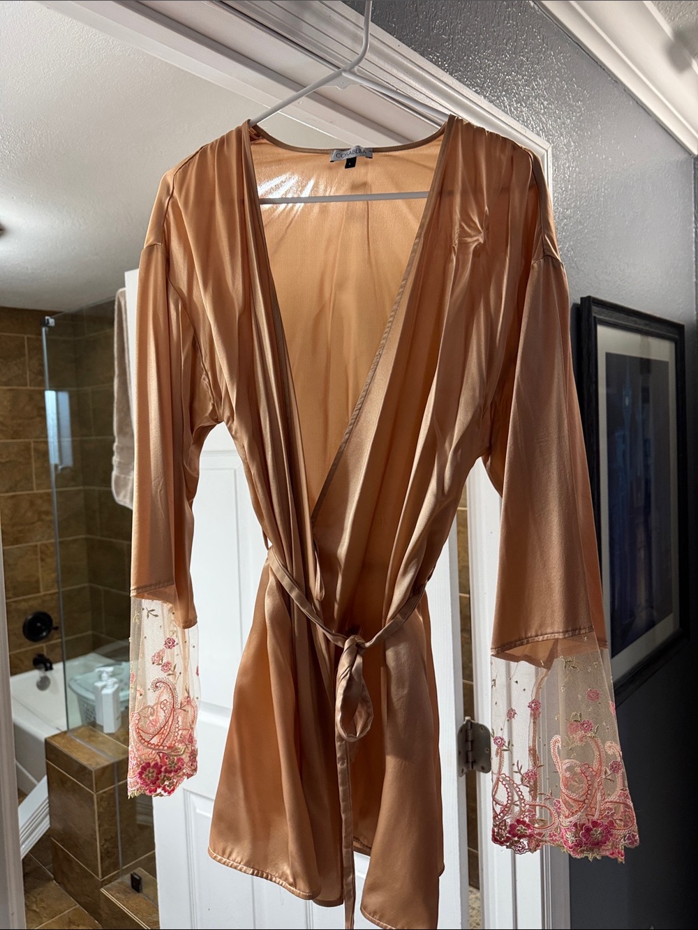 Cosabella Satin Wrap Robe with Embroidered Mesh Cuffs - Tan